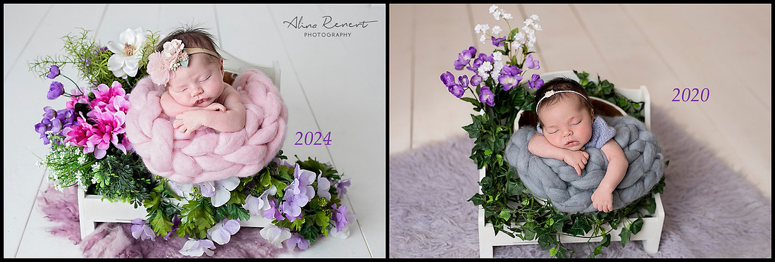 Side-by-side newborn photography comparison using the same props for siblings in the Northwest Suburbs of Chicago.